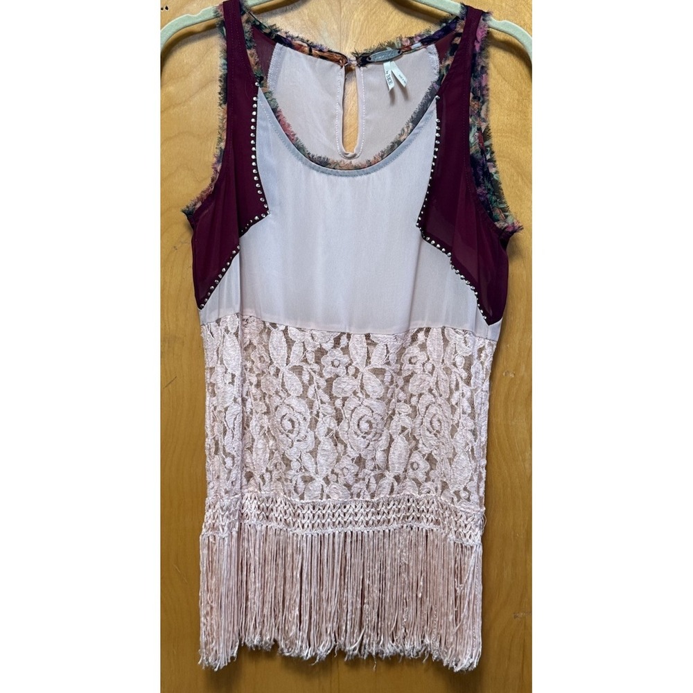 BKE Gimmicks Womens Mixed Media‎ Lace Fringed Keyhole Neck Tank Sz XS